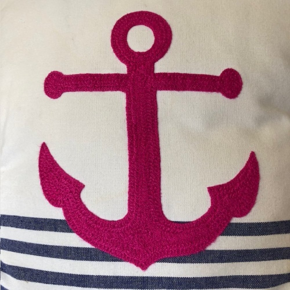 THRESHOLD Nautical Anchor Fuchsia Blue White Stripe Throw Pillow 18 x 18 - Picture 9 of 13